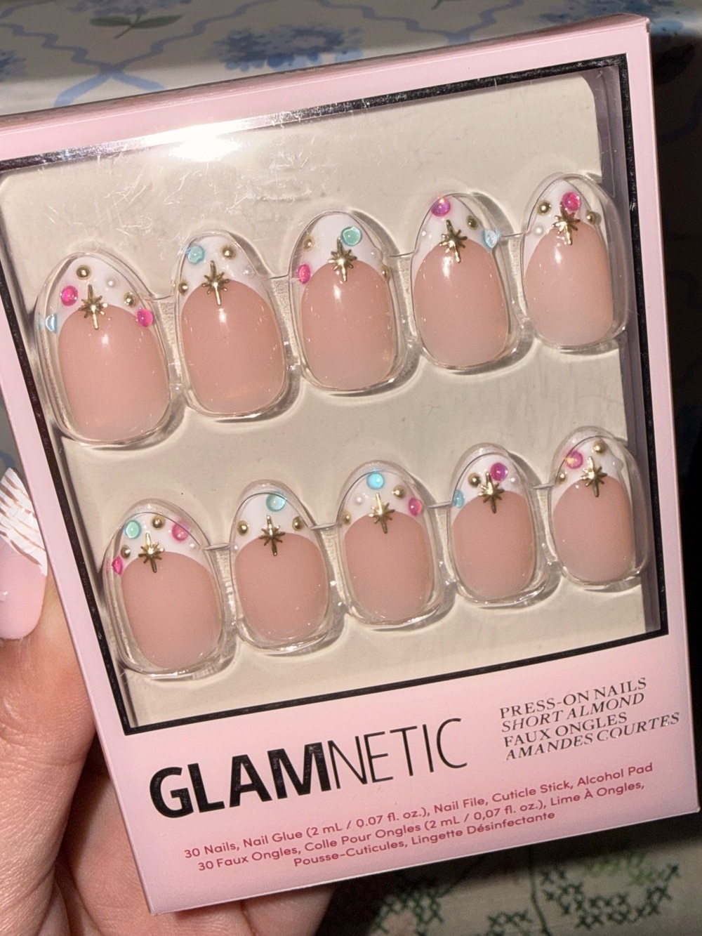 GLAMNETIC “Moonstone” Pink Almond Press-On Nails with Gem Accents
